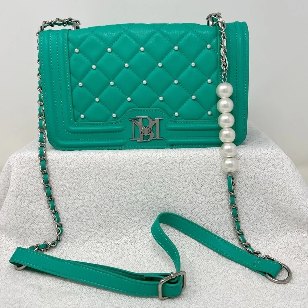 Badgley Mischka Crossbody Purse front quilted pearl studded green